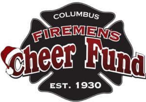 A logo for the Columbus firemen's Cheer Fund designed out of a Maltese cross and incorporating a Santa hat on the text that reads: Columbus Firemen's Cheer Fund established 1930. The logo is festive with read lettering with a white outlines over a dark Maltese cross. 