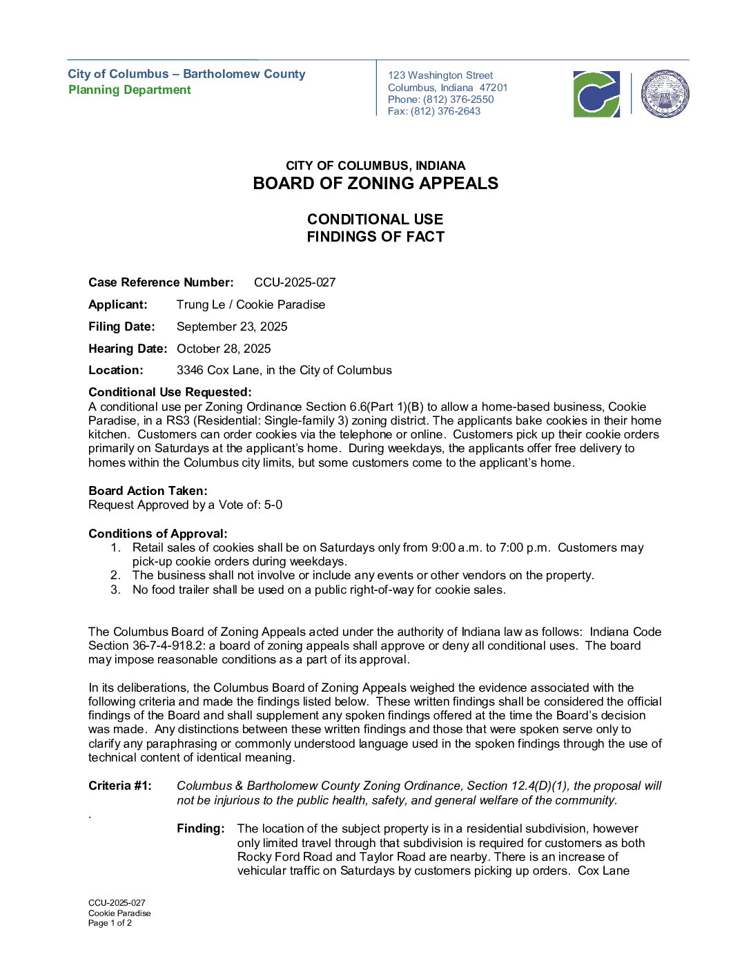 CCU-2025-027: Cookie Paradise – Findings of Fact – Planning Department