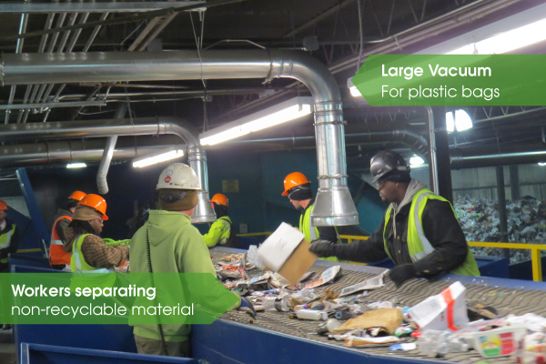 Recycling plant workers separating material by hand.