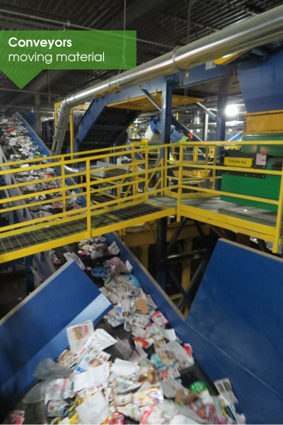 Conveyors moving recyclable material.