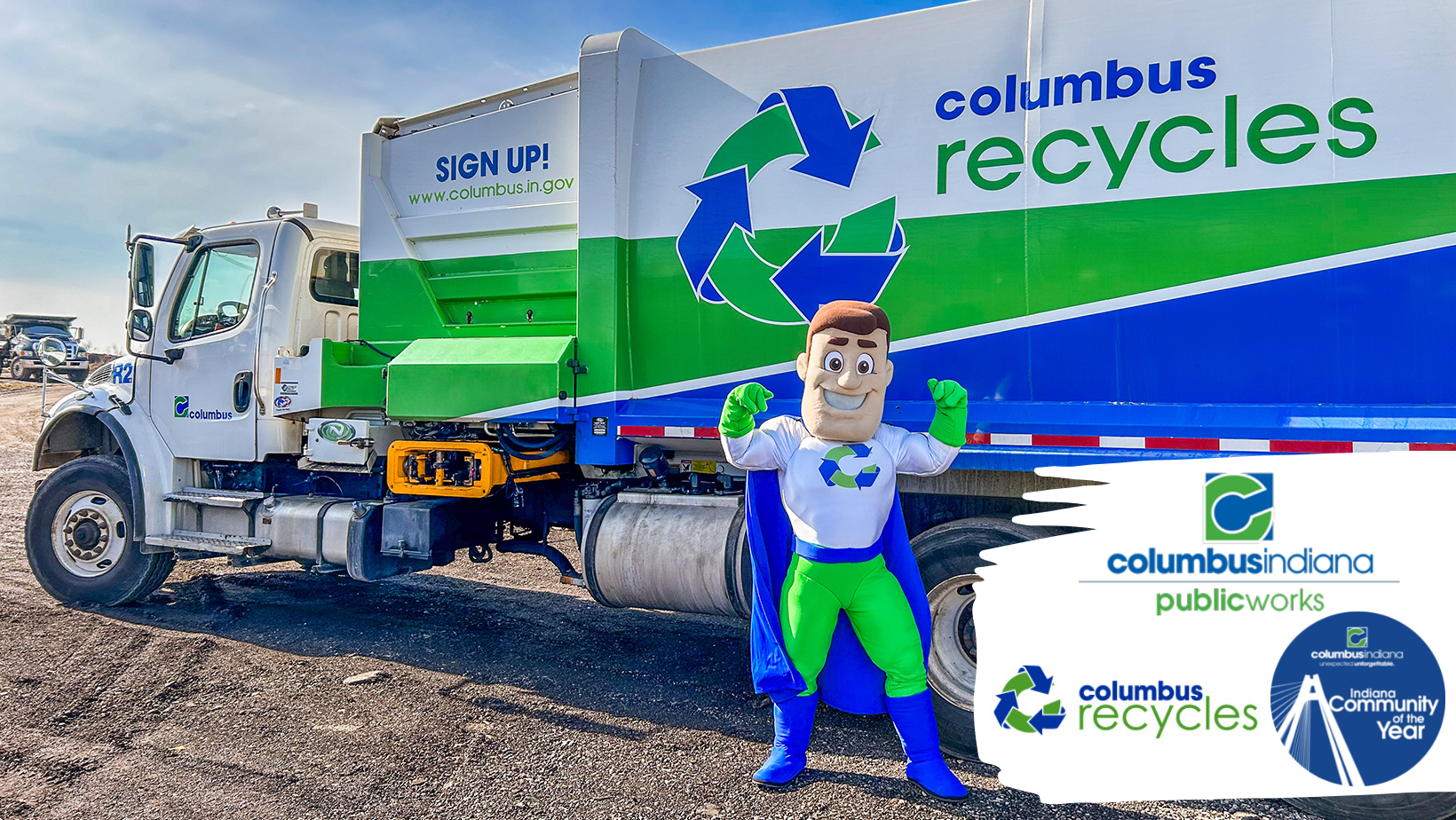 Recycling superhero posing in front of truck