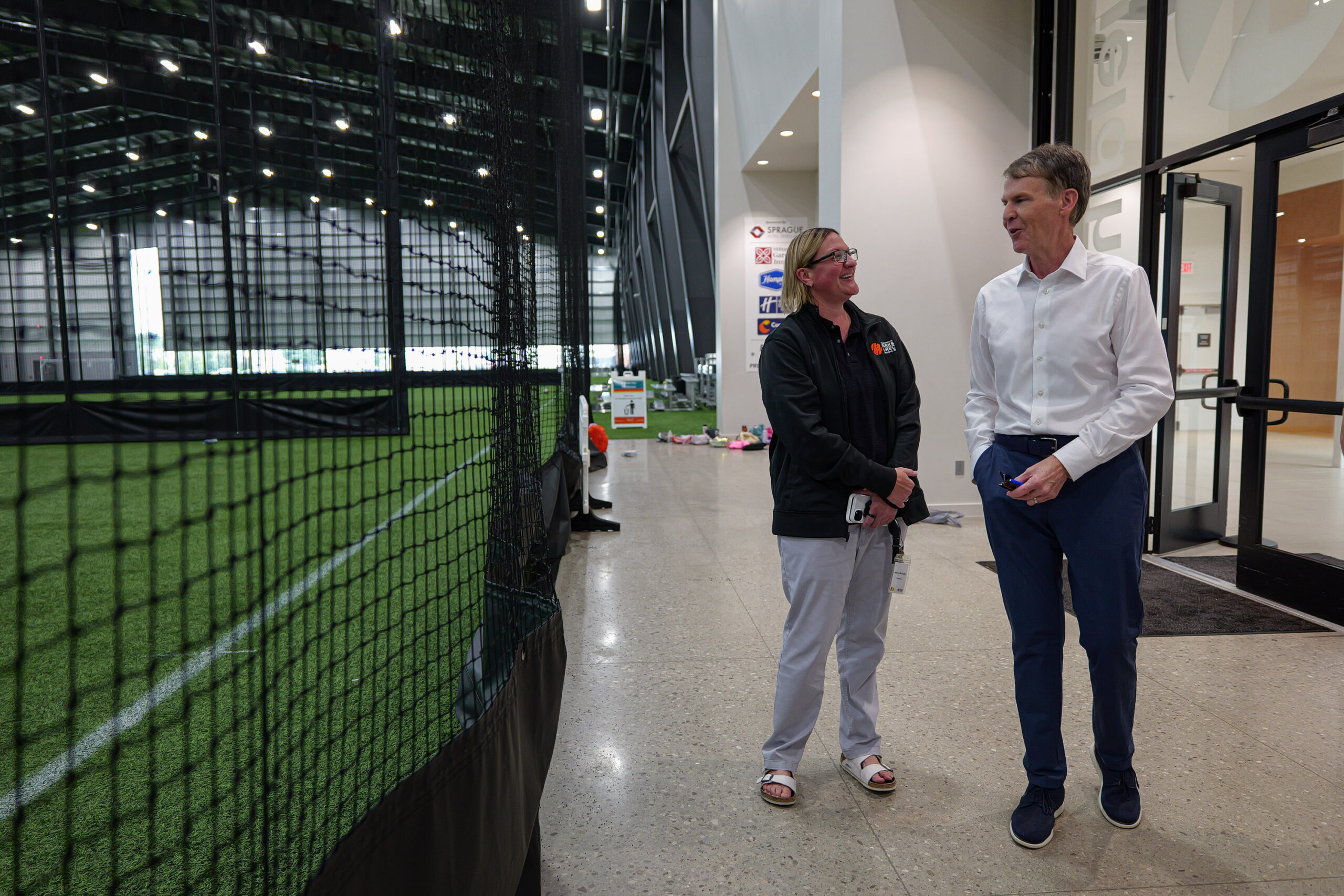 Columbus Parks and Recreation Director Nikki Murphy visits with U.S. Rep. Jefferson Shreve, R-Ind., during his visit to NexusPark in Columbus, Ind., Thursday, July 9, 2026.