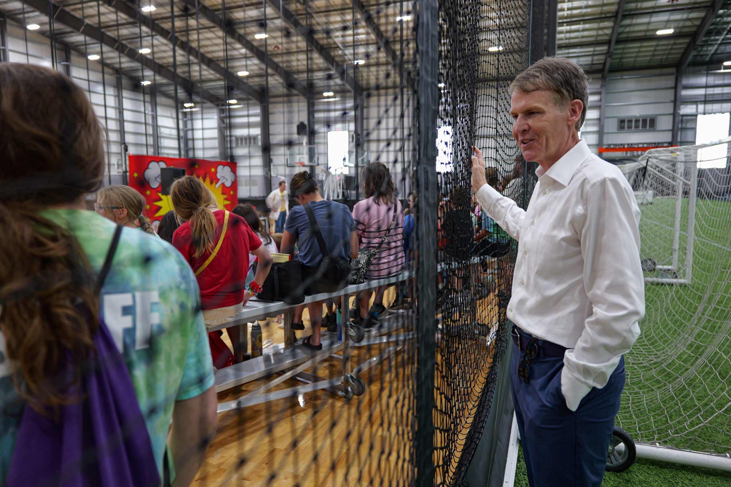 CU.S. Rep. Jefferson Shreve, R-Ind., talks with Columbus Park and Rec staff as he watches a science demonstration during his visit to NexusPark in Columbus, Ind., Thursday, July 9, 2026.
