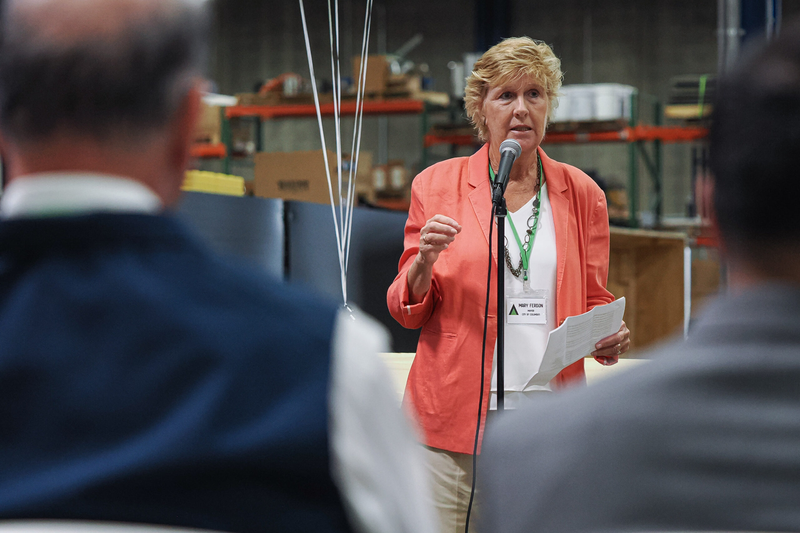 Columbus Mayor Mary Ferdon addresses guests during the grand opening ceremony for the Advanced Machine and Vehicle Innovation Center(AMVIC) at AEI The Rock in Columbus, Indiana, Tuesday, July 21, 2026. Mike Wolanin | City of Columbus Communications
