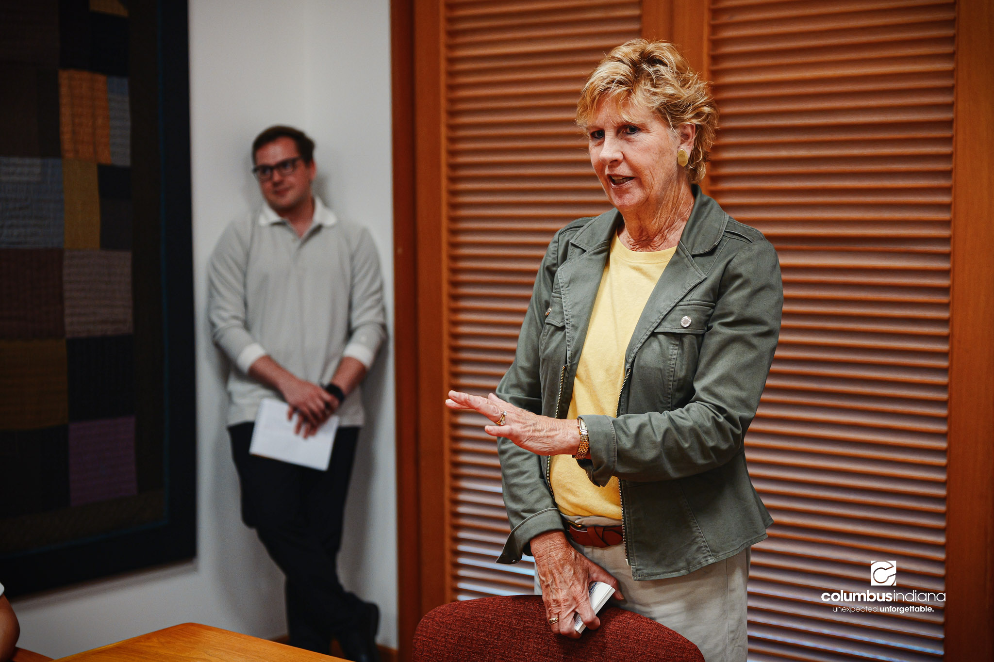 Columbus Mayor Mary Ferdon greets a delegation of students and school officials from Miyoshi-Minami Junior High School in a conference room at Columbus City Hall in Columbus, Ind., Thursday, Aug. 20, 2026. The delegation of students and school offici