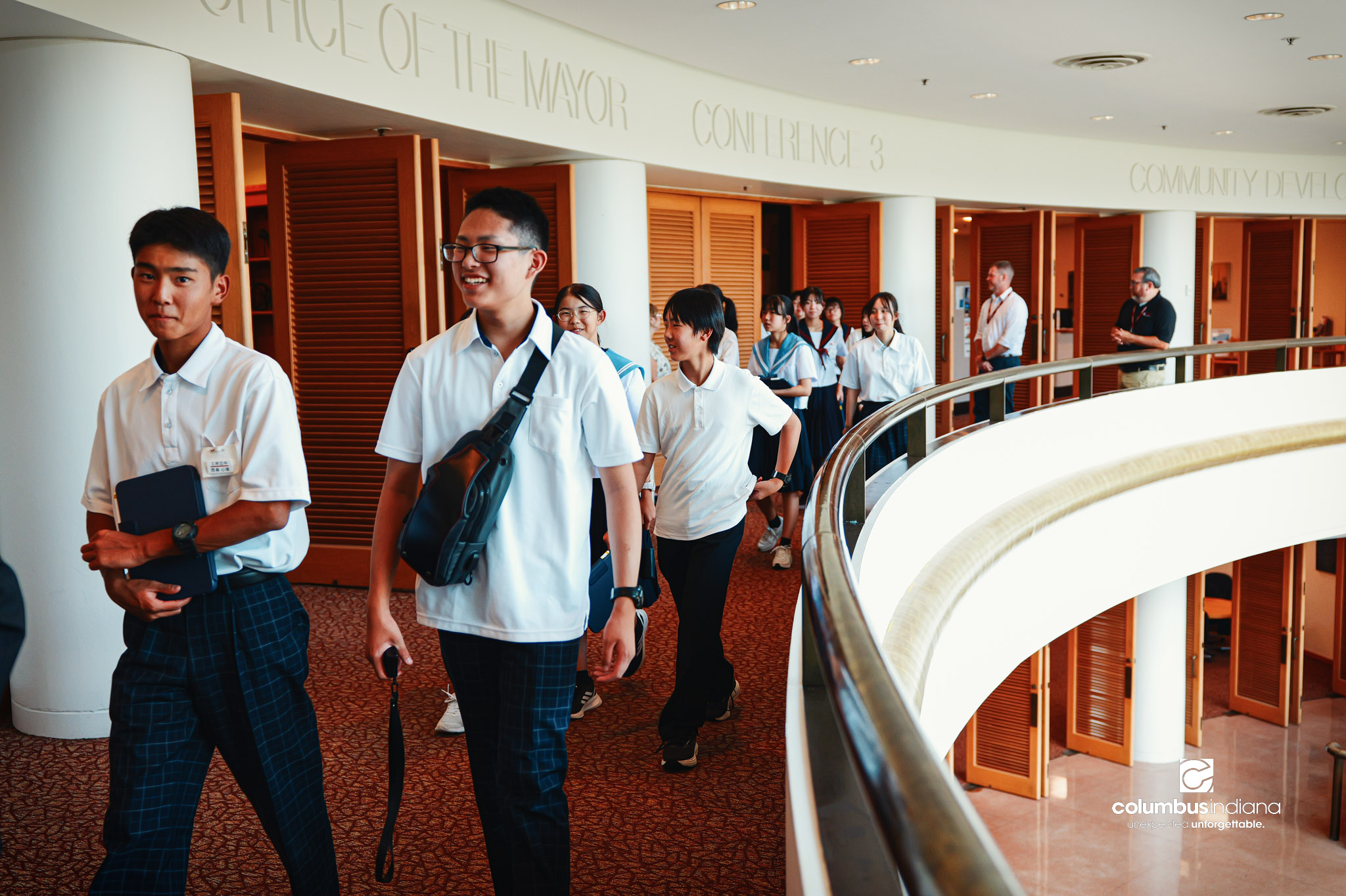 A delegation of students and school officials from Miyoshi-Minami Junior High School tours Columbus City Hall in Columbus, Ind., Thursday, Aug. 20, 2026. Miyoshi is Columbus’ sister city in Japan. Student visits to Columbus are an annual tradition