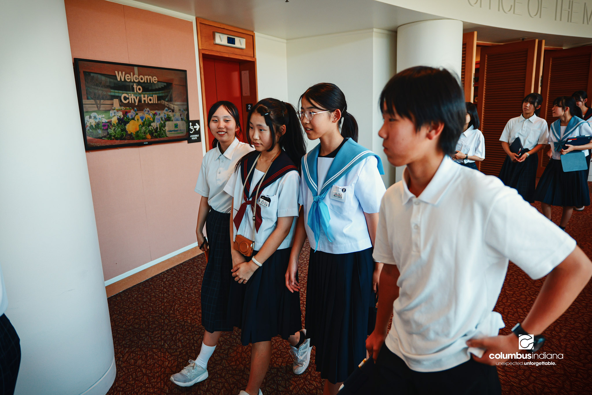 A delegation of students and school officials from Miyoshi-Minami Junior High School tours Columbus City Hall in Columbus, Ind., Thursday, Aug. 20, 2026. Miyoshi is Columbus’ sister city in Japan. Student visits to Columbus are an annual tradition