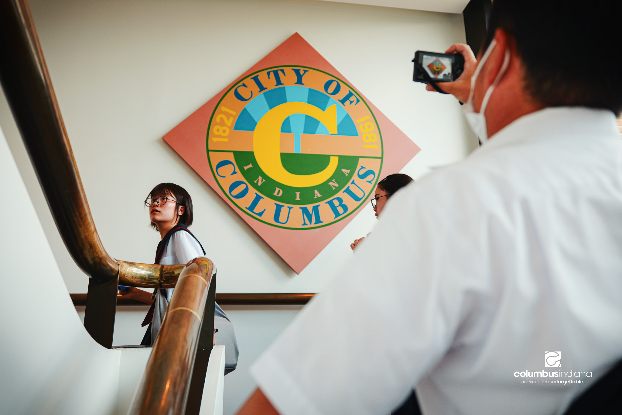 A delegation of students and school officials from Miyoshi-Minami Junior High School arrives at Columbus City Hall for a tour of the building in Columbus, Ind., Thursday, Aug. 20, 2026. Miyoshi is Columbus’ sister city in Japan. Student visits to C