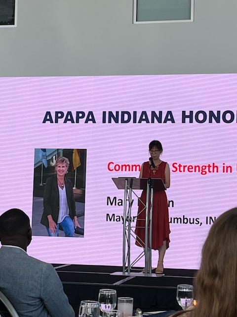 Linda Shi, co-president of APAPA Indiana Chapter, gives a speech during the Asian Pacific American Public Affairs Indiana Chapter's Annual Gala in Indianapolis.