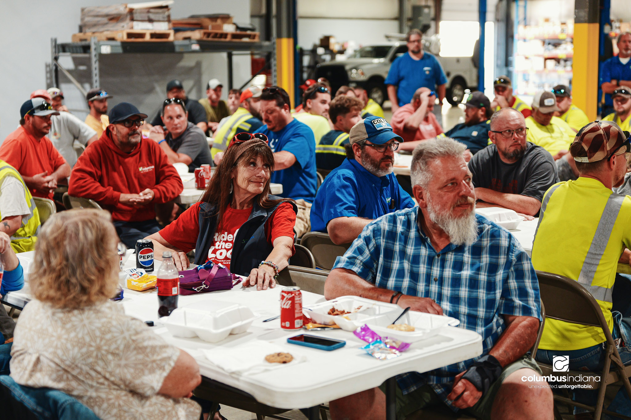 These images show an employee appreciation lunch and award ceremony for years of service to the Columbus, Indiana Department of Public Works.