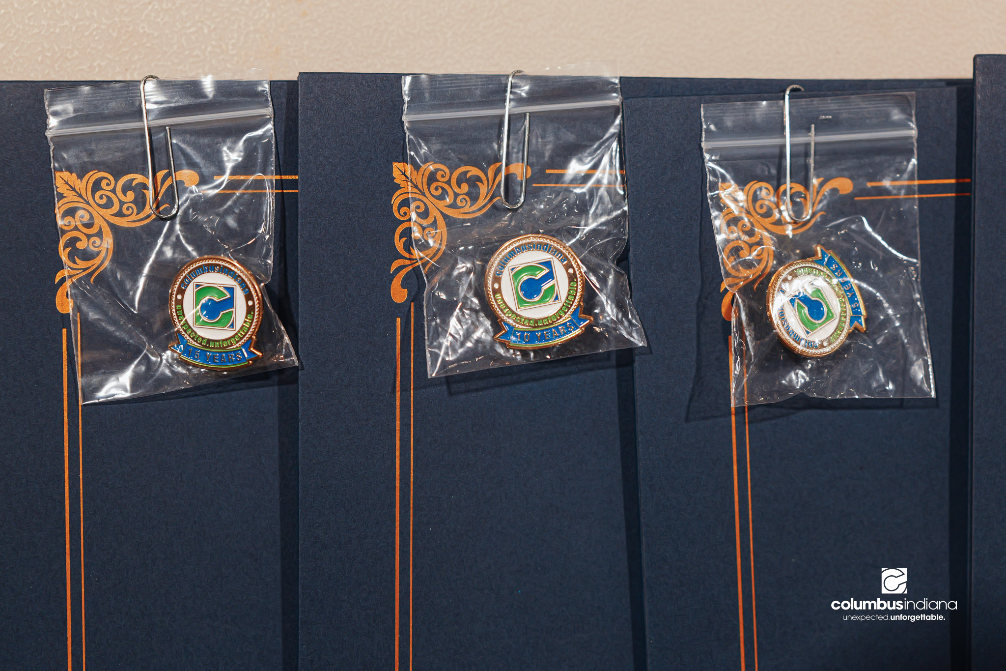 These images show an employee appreciation lunch and award ceremony for years of service to the Columbus, Indiana Department of Public Works.