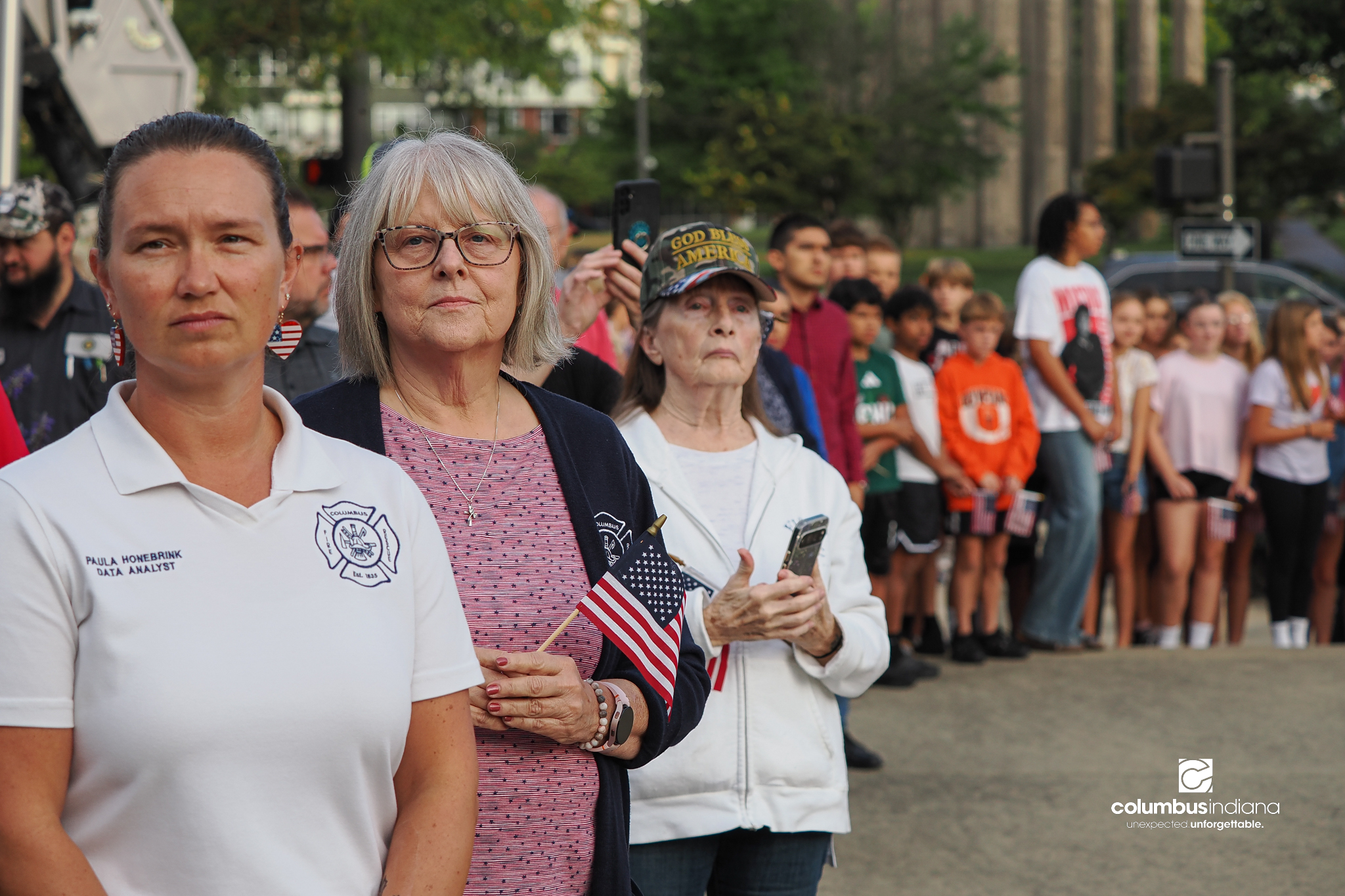 Spectators gather for a ceremony to commemorate the 25th anniversary of Sept. 11, at Columbus City Hall in Columbus, Ind., Friday, Sept. 11, 2026.