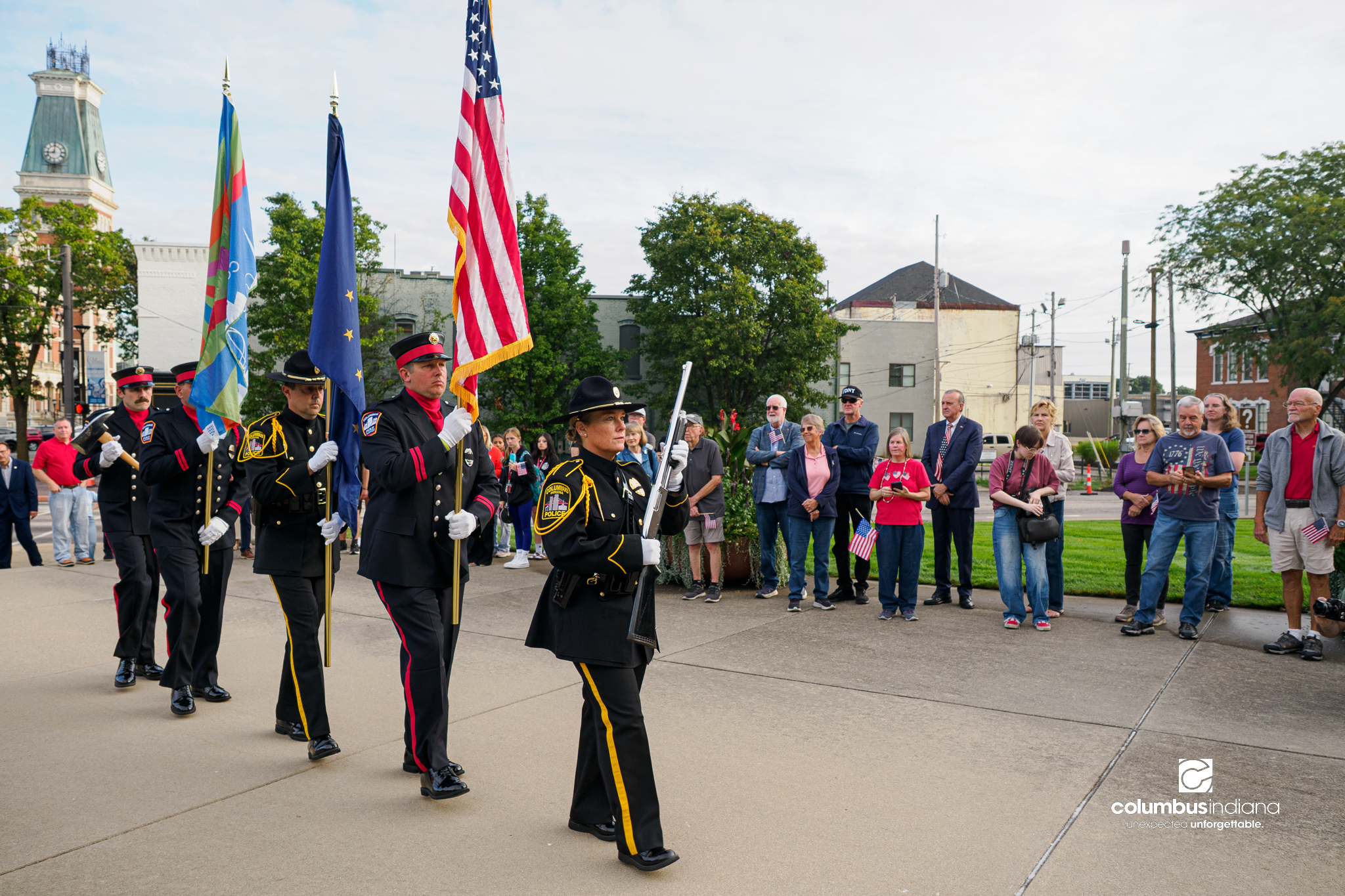 The Columbus Police and Fire Color Guard present the colors during a ceremony to commemorate the 25th anniversary of Sept. 11, at Columbus City Hall in Columbus, Ind., Friday, Sept. 11, 2026.