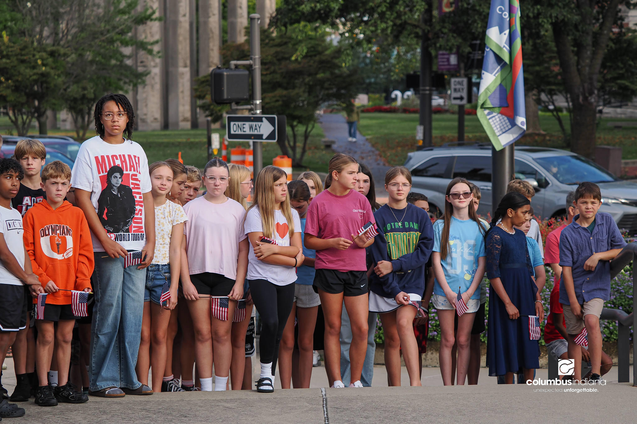 Students gather for a ceremony to commemorate the 25th anniversary of Sept. 11, at Columbus City Hall in Columbus, Ind., Friday, Sept. 11, 2026.
